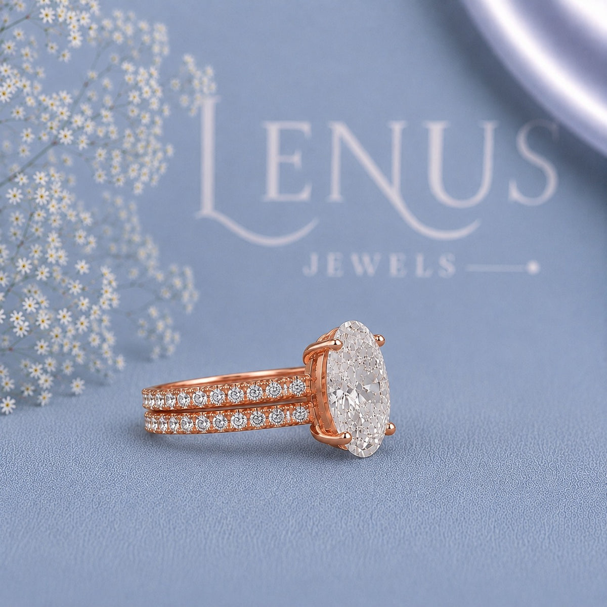 Oval Moissanite Bridal Ring Set – Rose Gold Finish Pavé Engagement Ring and Wedding Band
