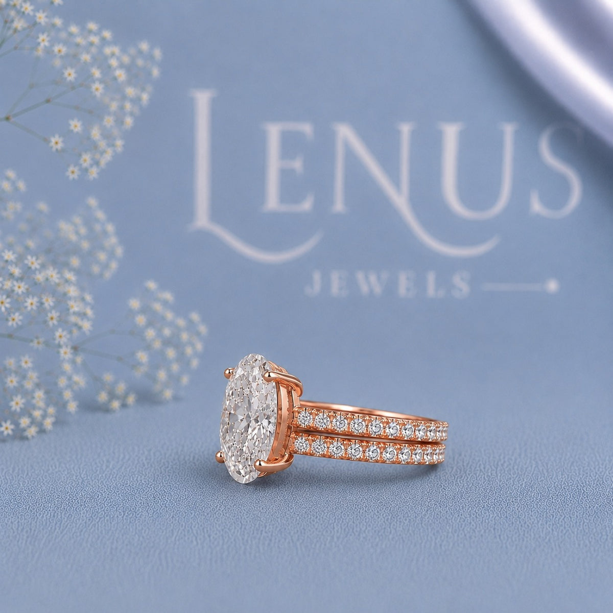 Oval Moissanite Bridal Ring Set – Rose Gold Finish Pavé Engagement Ring and Wedding Band