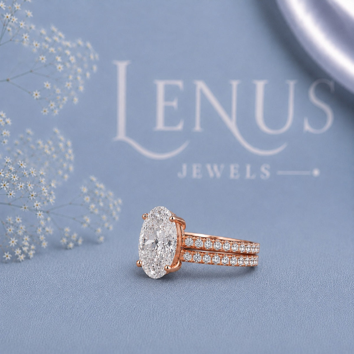 Oval Moissanite Bridal Ring Set – Rose Gold Finish Pavé Engagement Ring and Wedding Band