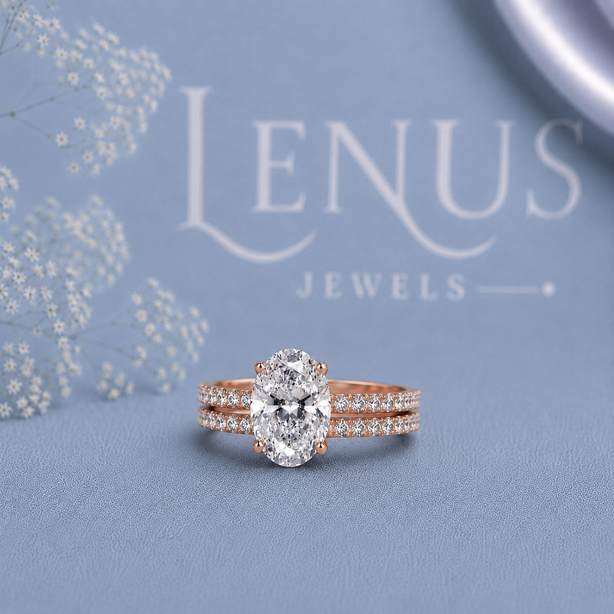 Oval Moissanite Bridal Ring Set – Rose Gold Finish Pavé Engagement Ring and Wedding Band
