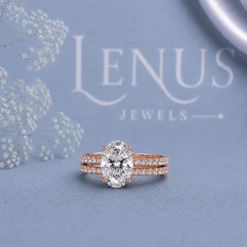 Oval Moissanite Bridal Ring Set – Rose Gold Finish Pavé Engagement Ring and Wedding Band