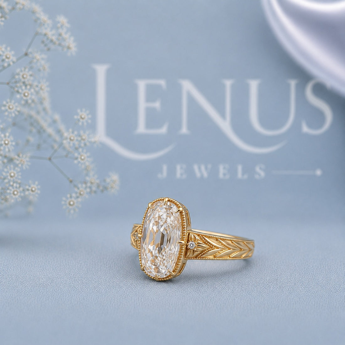 Oval Halo Moissanite Engagement Ring – Vintage Gold Art Deco Band