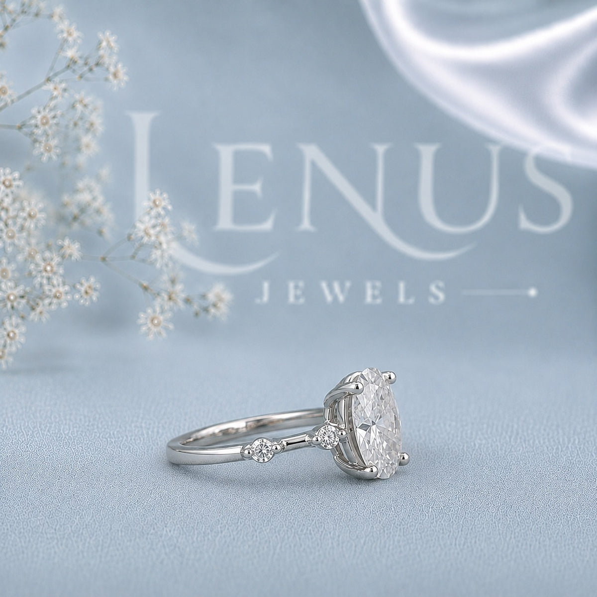 Oval-Cut Moissanite Engagement Ring – Marquise Leaf Pavé Band in 925 Sterling Silver