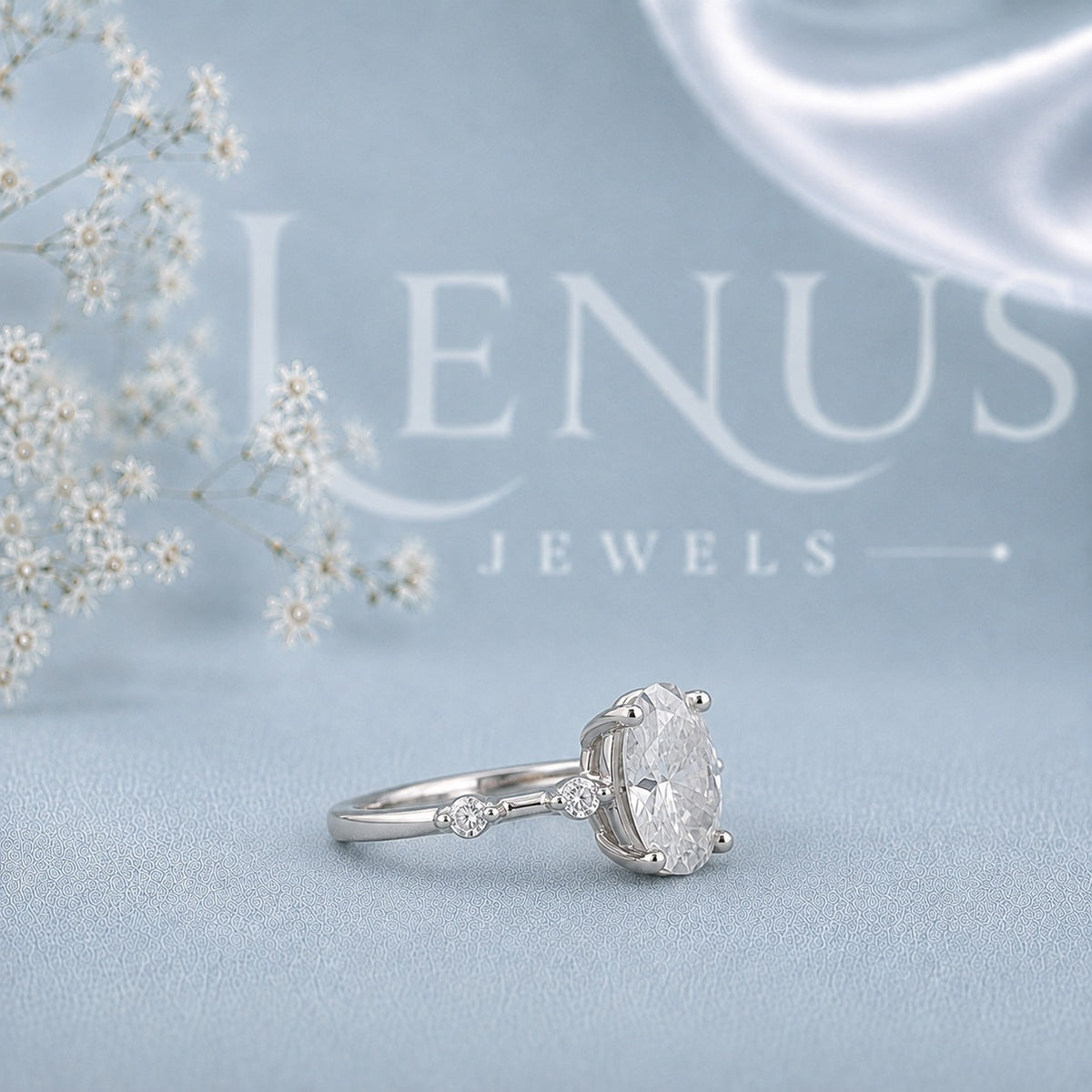 Oval-Cut Moissanite Engagement Ring – Marquise Leaf Pavé Band in 925 Sterling Silver