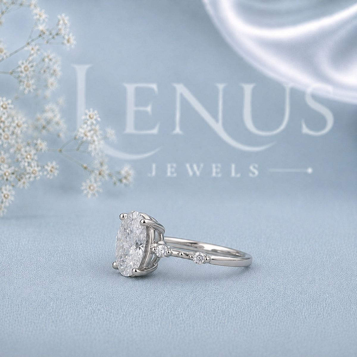 Oval-Cut Moissanite Engagement Ring – Marquise Leaf Pavé Band in 925 Sterling Silver