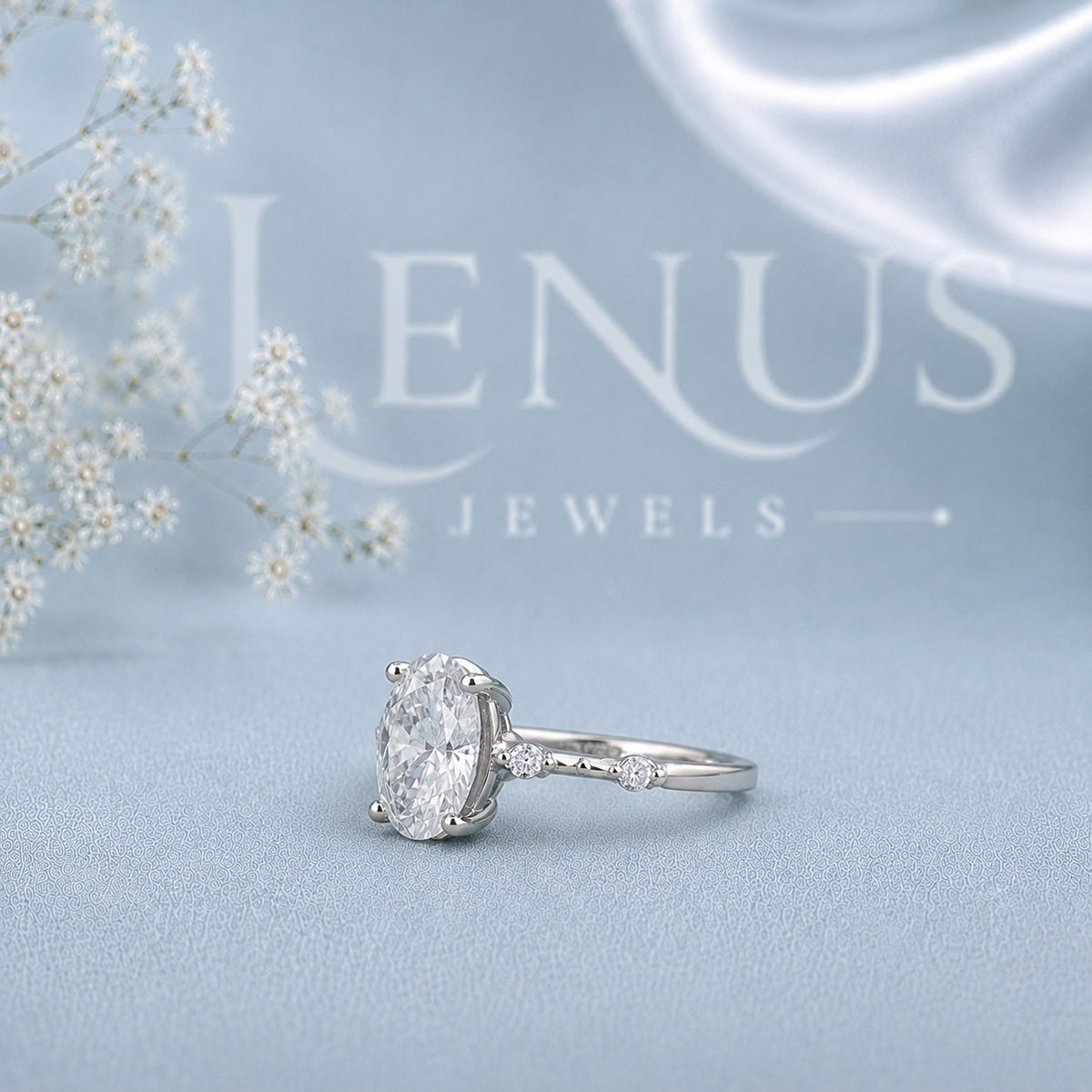 Oval-Cut Moissanite Engagement Ring – Marquise Leaf Pavé Band in 925 Sterling Silver