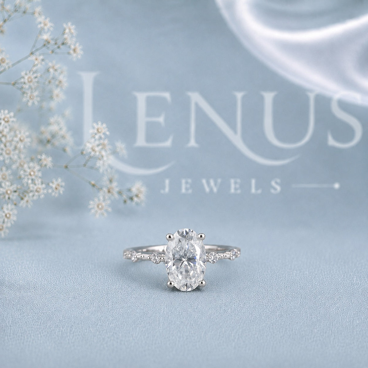 Oval-Cut Moissanite Engagement Ring – Marquise Leaf Pavé Band in 925 Sterling Silver