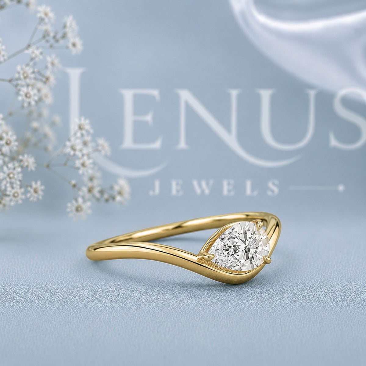 East West Pear Cut Moissanite Ring – 925 Sterling Silver Yellow Gold Bypass Engagement Ring
