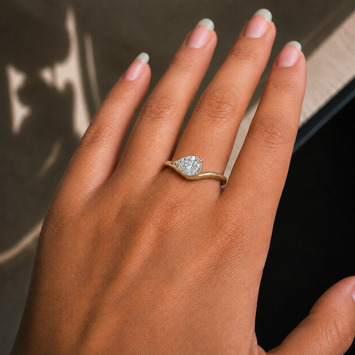 East West Pear Cut Moissanite Ring – 925 Sterling Silver Yellow Gold Bypass Engagement Ring