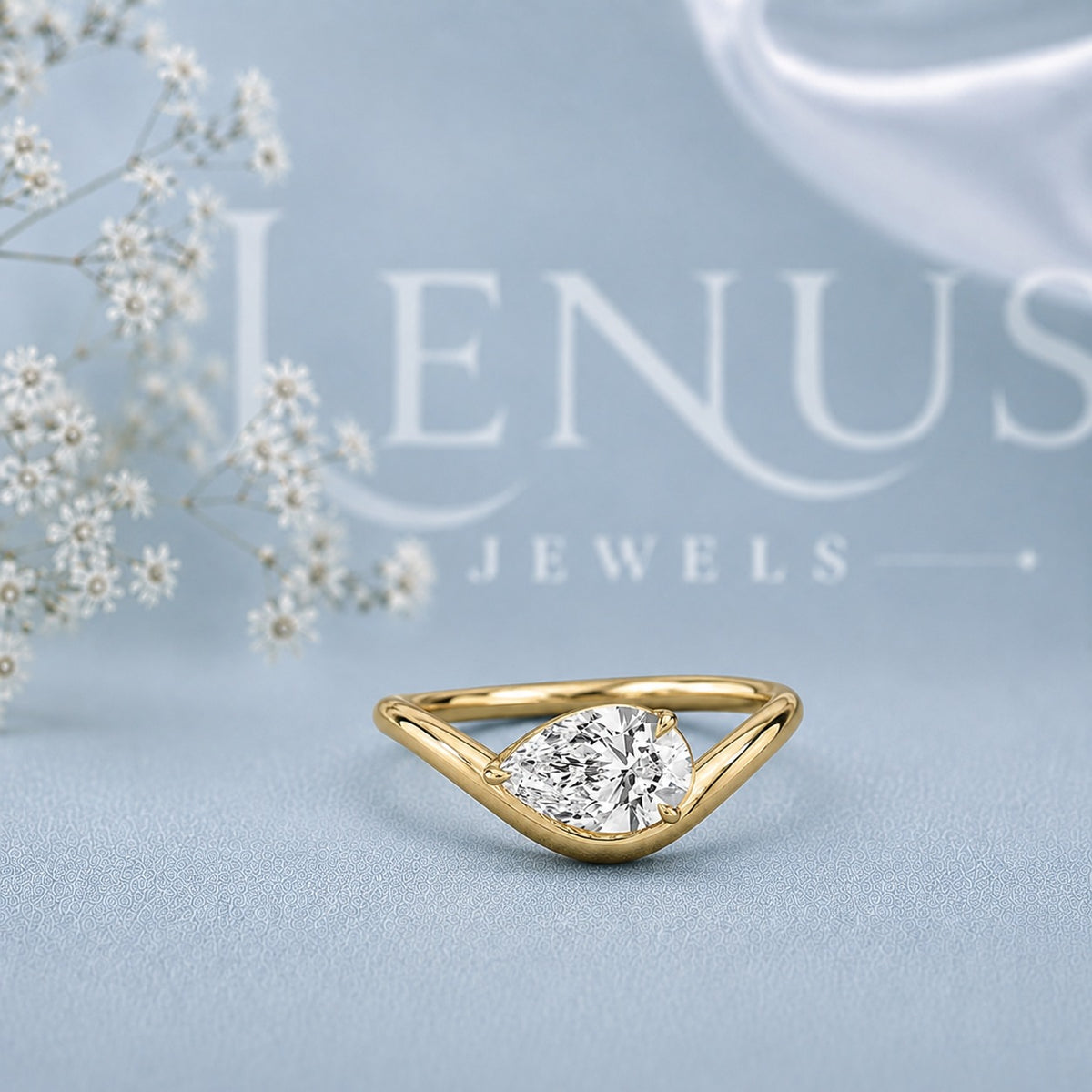 East West Pear Cut Moissanite Ring – 925 Sterling Silver Yellow Gold Bypass Engagement Ring