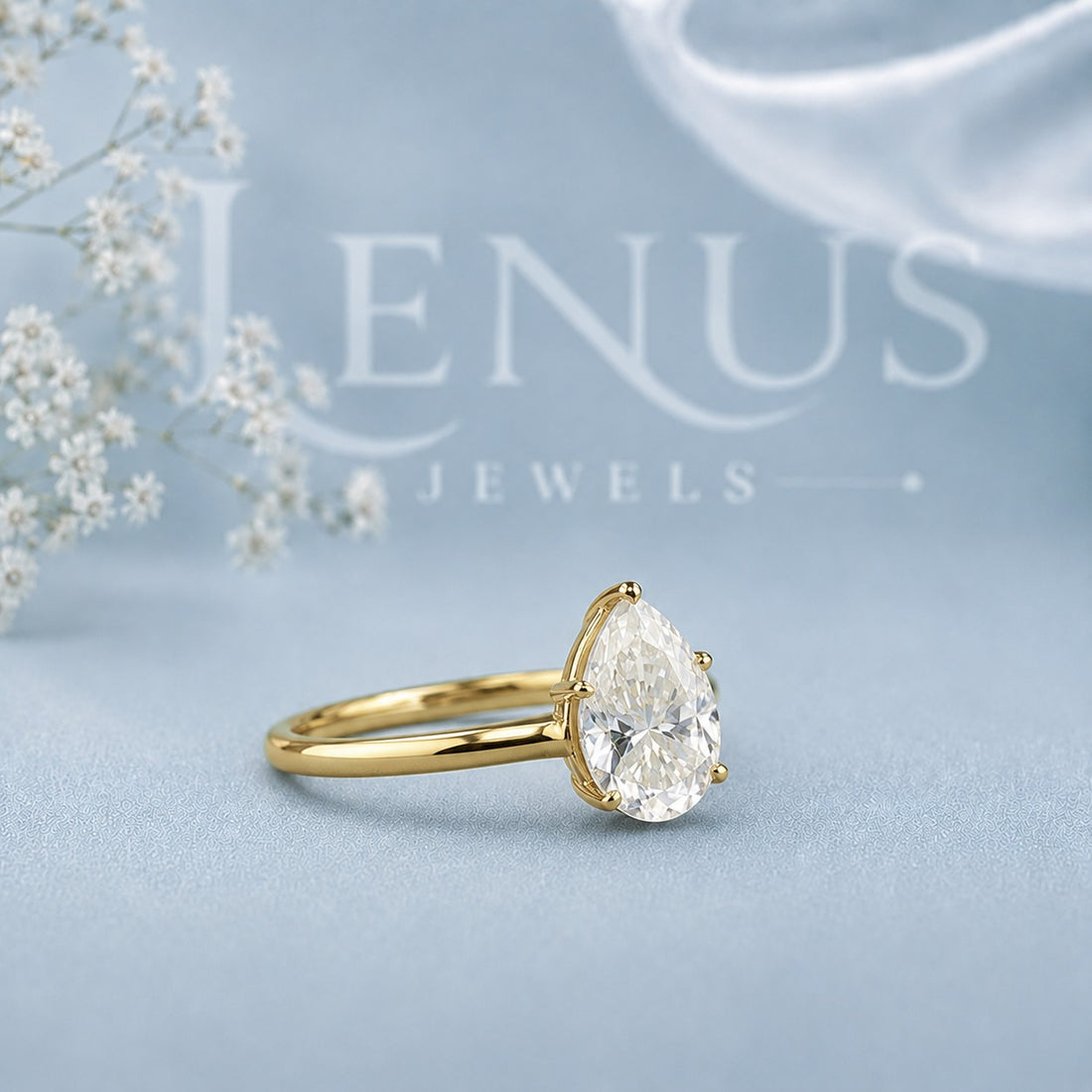Pear Cut Moissanite Solitaire Ring – Gold Finish Teardrop Engagement Ring