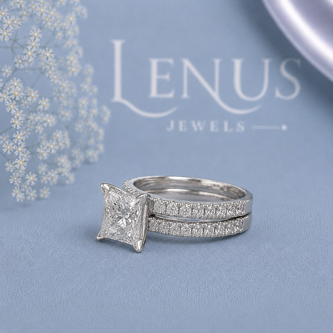 Princess Cut Moissanite Bridal Set – Double Pavé Band Wedding Ring