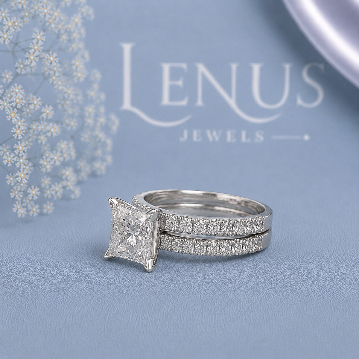 Princess Cut Moissanite Bridal Set – Double Pavé Band Wedding Ring