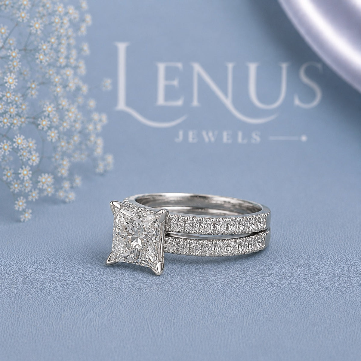 Princess Cut Moissanite Bridal Set – Double Pavé Band Wedding Ring