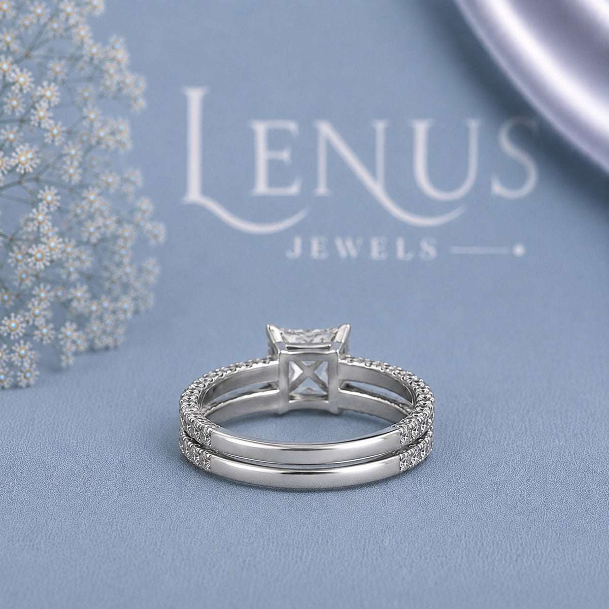 Princess Cut Moissanite Bridal Set – Double Pavé Band Wedding Ring