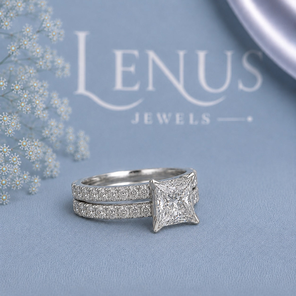 Princess Cut Moissanite Bridal Set – Double Pavé Band Wedding Ring