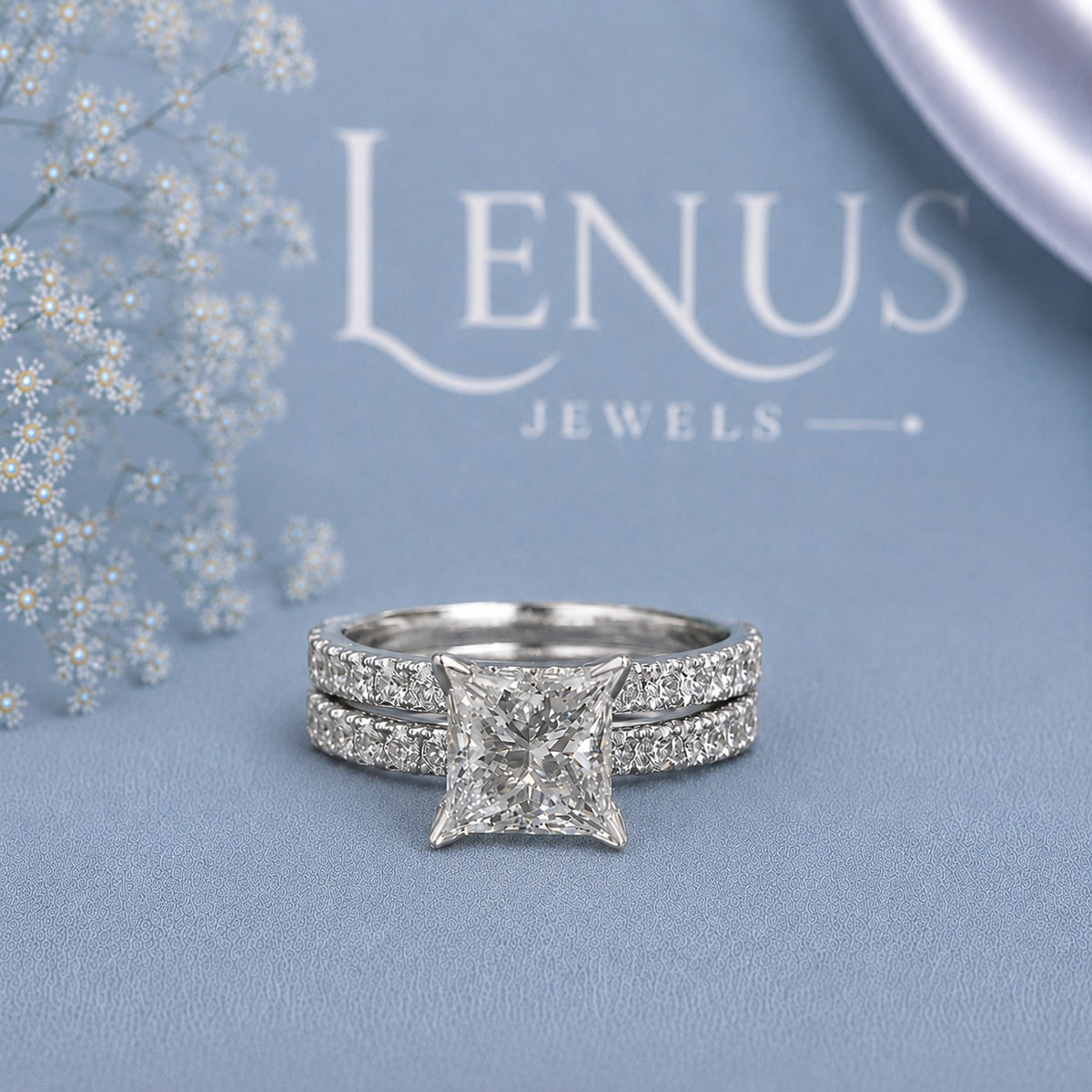 Princess Cut Moissanite Bridal Set – Double Pavé Band Wedding Ring
