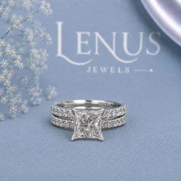 Princess Cut Moissanite Bridal Set – Double Pavé Band Wedding Ring