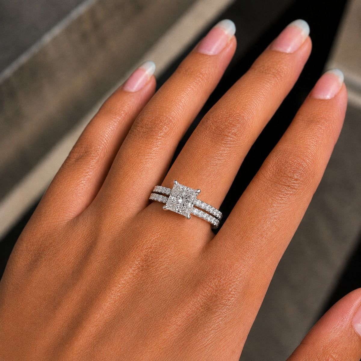 Princess Cut Moissanite Bridal Set – Double Pavé Band Wedding Ring