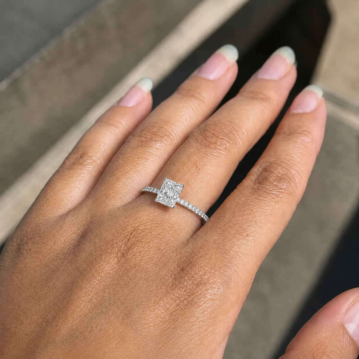 Princess Cut Moissanite Engagement Ring – Pavé Band 925 Sterling Silver