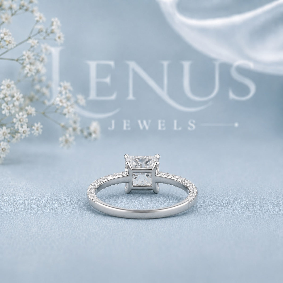 Princess Cut Moissanite Engagement Ring – Pavé Band 925 Sterling Silver