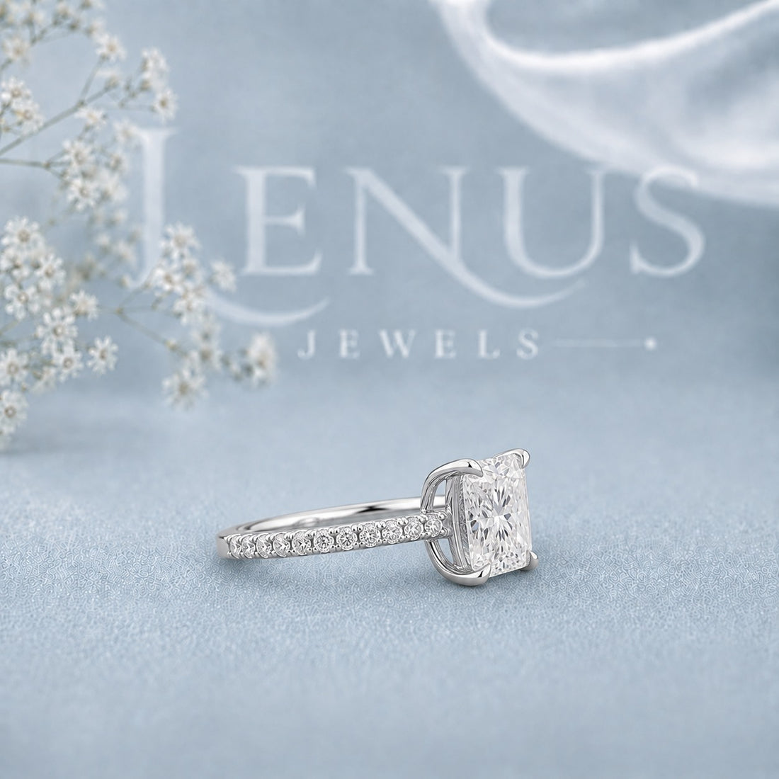 Princess Cut Moissanite Engagement Ring – Pavé Band 925 Sterling Silver