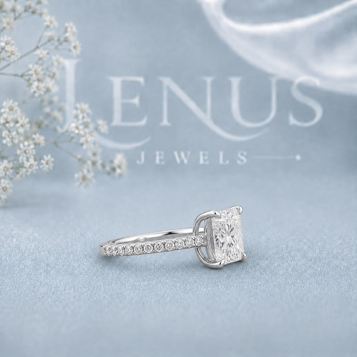 Princess Cut Moissanite Engagement Ring – Pavé Band 925 Sterling Silver
