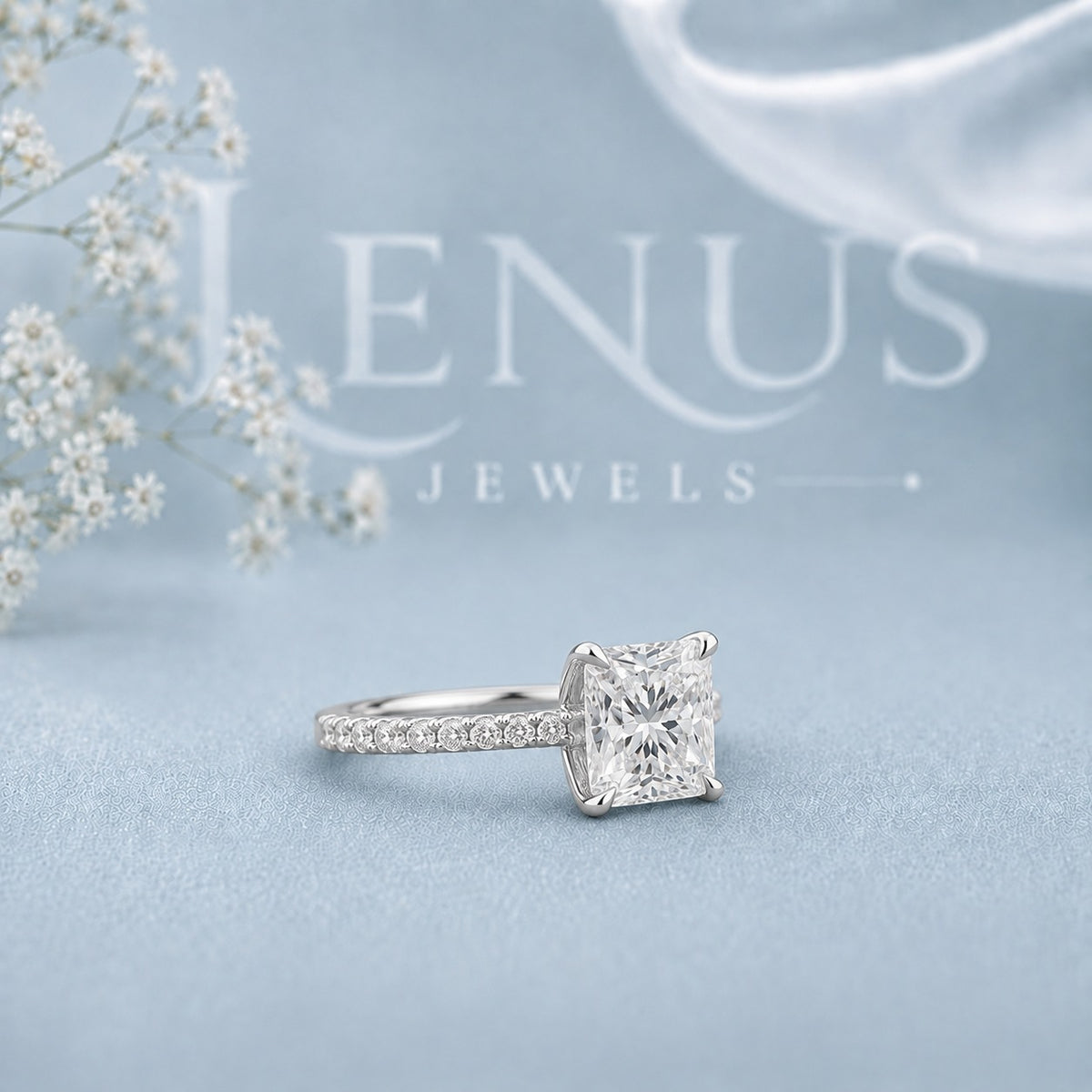 Princess Cut Moissanite Engagement Ring – Pavé Band 925 Sterling Silver