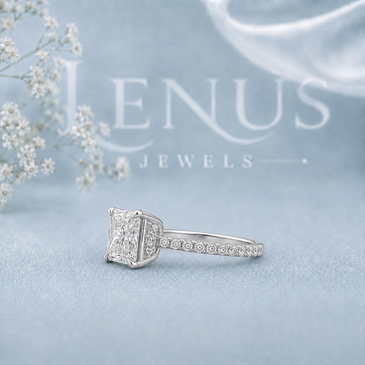 Princess Cut Moissanite Engagement Ring – Pavé Band 925 Sterling Silver