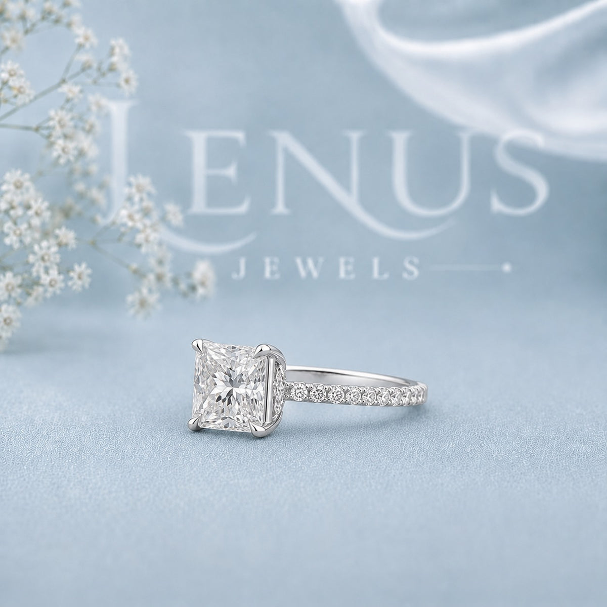 Princess Cut Moissanite Engagement Ring – Pavé Band 925 Sterling Silver