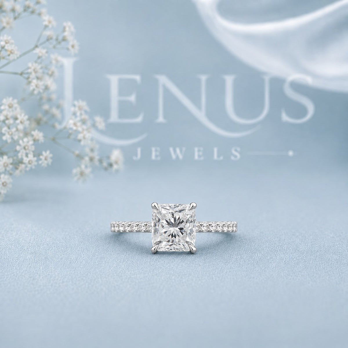 Princess Cut Moissanite Engagement Ring – Pavé Band 925 Sterling Silver