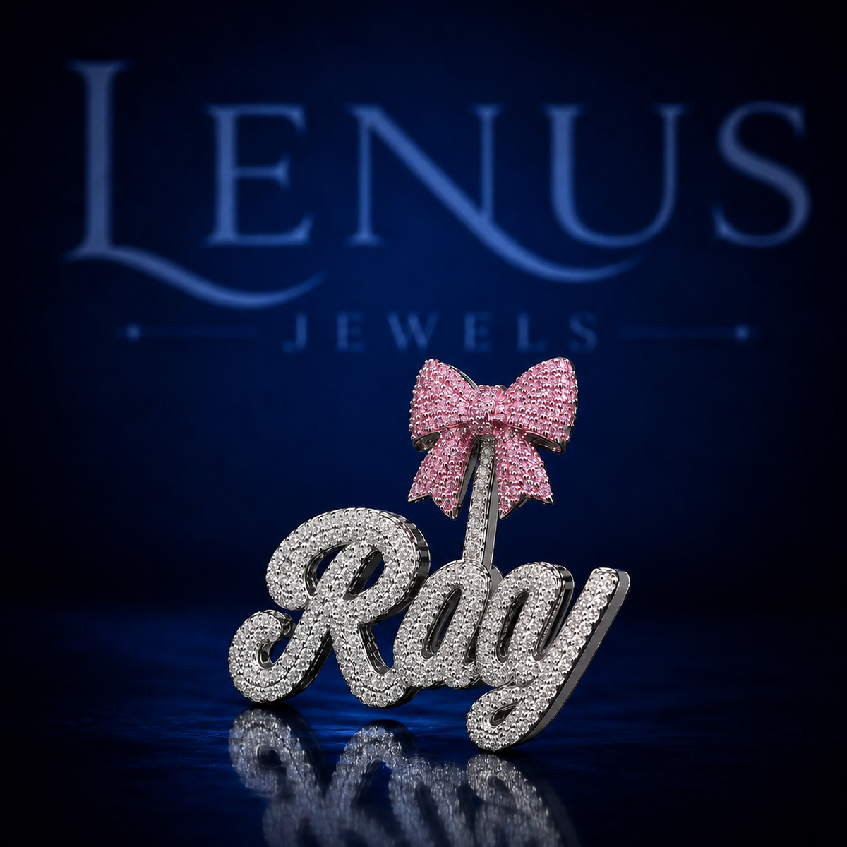 Iced Out Ray Name Pendant with Pink Bow VVS Moissanite 925 Sterling Silver Custom Cursive Name Necklace Hip Hop Jewelry Gift for Her