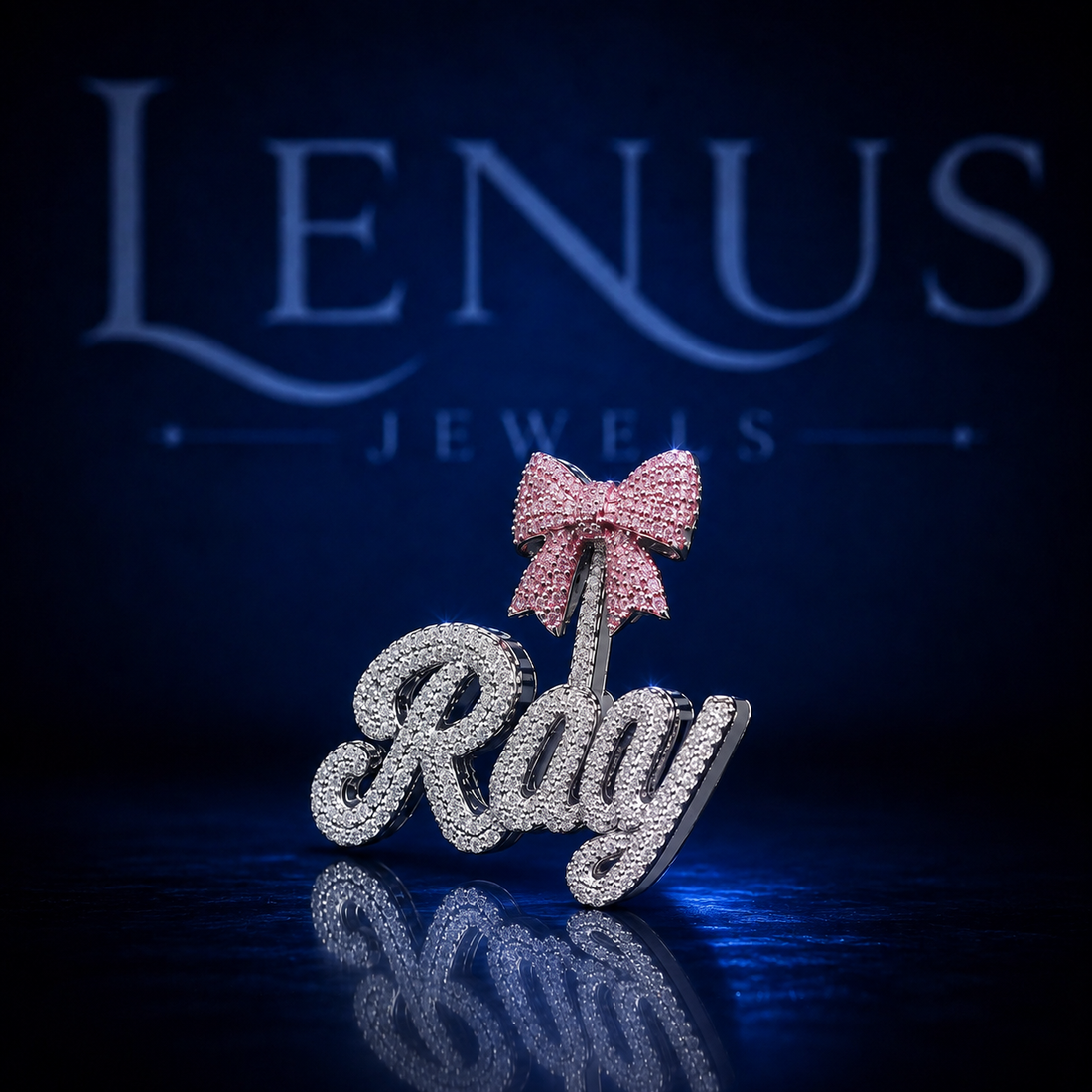 Iced Out Ray Name Pendant with Pink Bow VVS Moissanite 925 Sterling Silver Custom Cursive Name Necklace Hip Hop Jewelry Gift for Her