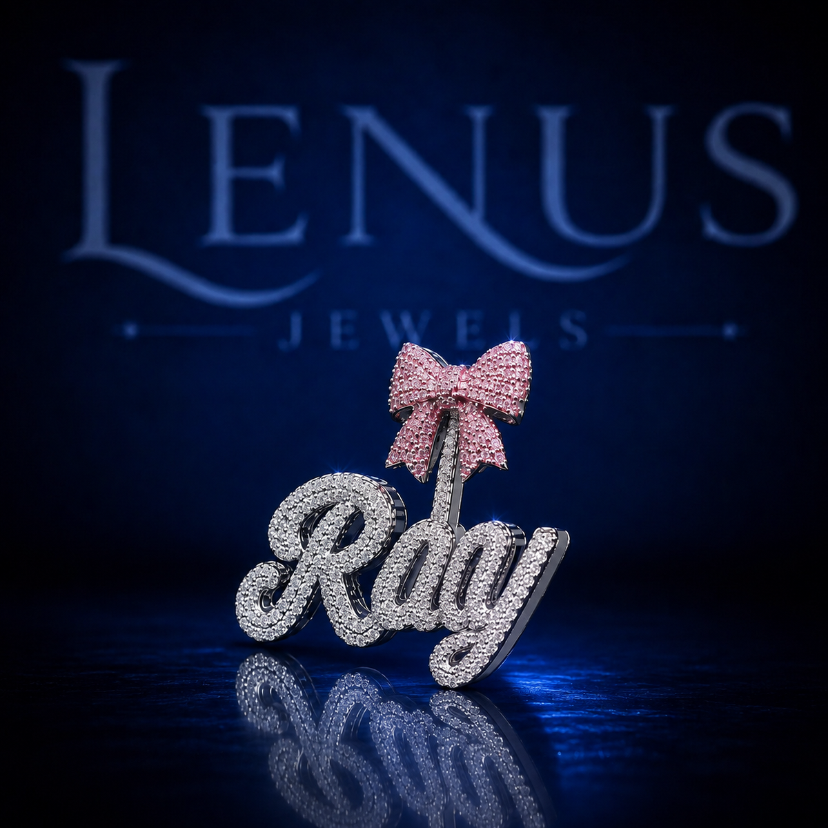 Iced Out Ray Name Pendant with Pink Bow VVS Moissanite 925 Sterling Silver Custom Cursive Name Necklace Hip Hop Jewelry Gift for Her