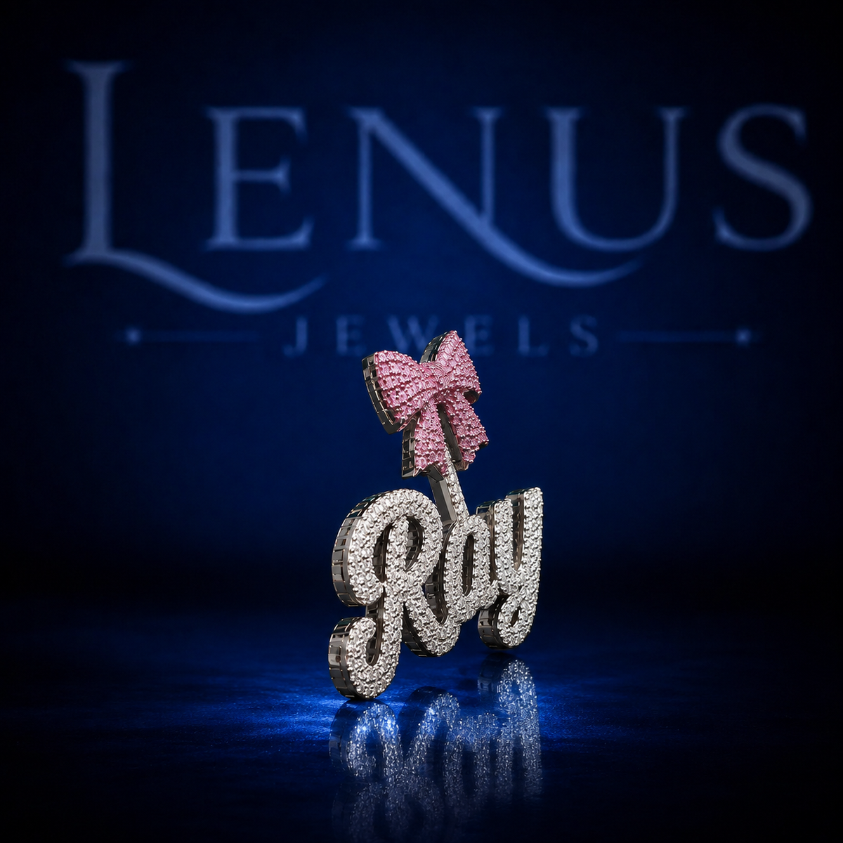 Iced Out Ray Name Pendant with Pink Bow VVS Moissanite 925 Sterling Silver Custom Cursive Name Necklace Hip Hop Jewelry Gift for Her