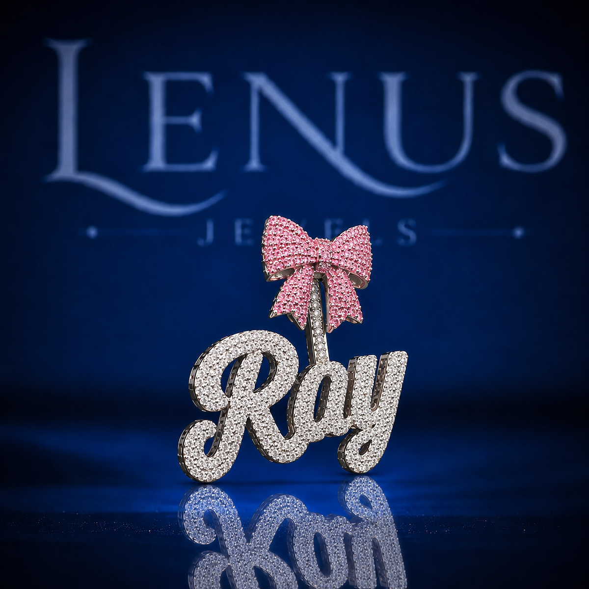 Iced Out Ray Name Pendant with Pink Bow VVS Moissanite 925 Sterling Silver Custom Cursive Name Necklace Hip Hop Jewelry Gift for Her