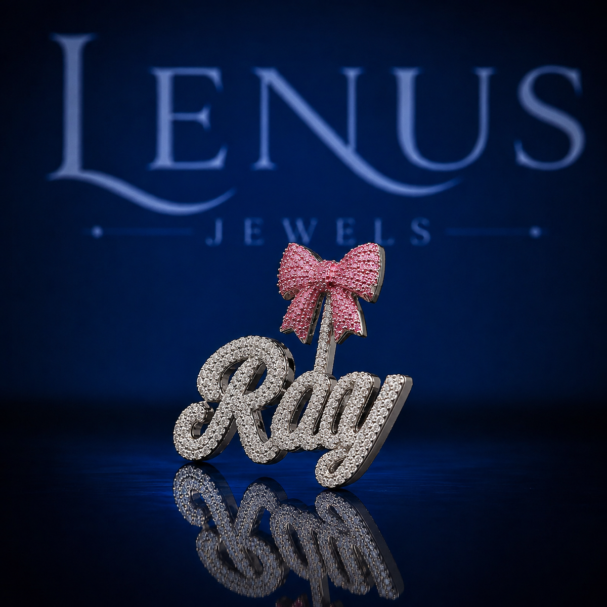 Iced Out Ray Name Pendant with Pink Bow VVS Moissanite 925 Sterling Silver Custom Cursive Name Necklace Hip Hop Jewelry Gift for Her