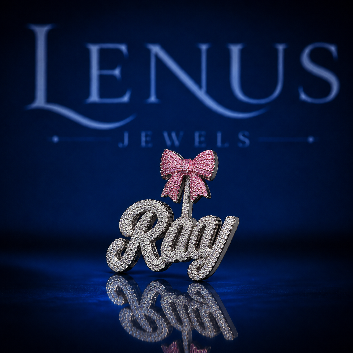 Iced Out Ray Name Pendant with Pink Bow VVS Moissanite 925 Sterling Silver Custom Cursive Name Necklace Hip Hop Jewelry Gift for Her