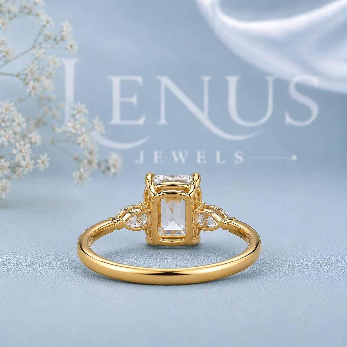 Radiant Three-Stone Moissanite Ring – Gold Pear Side Engagement Ring