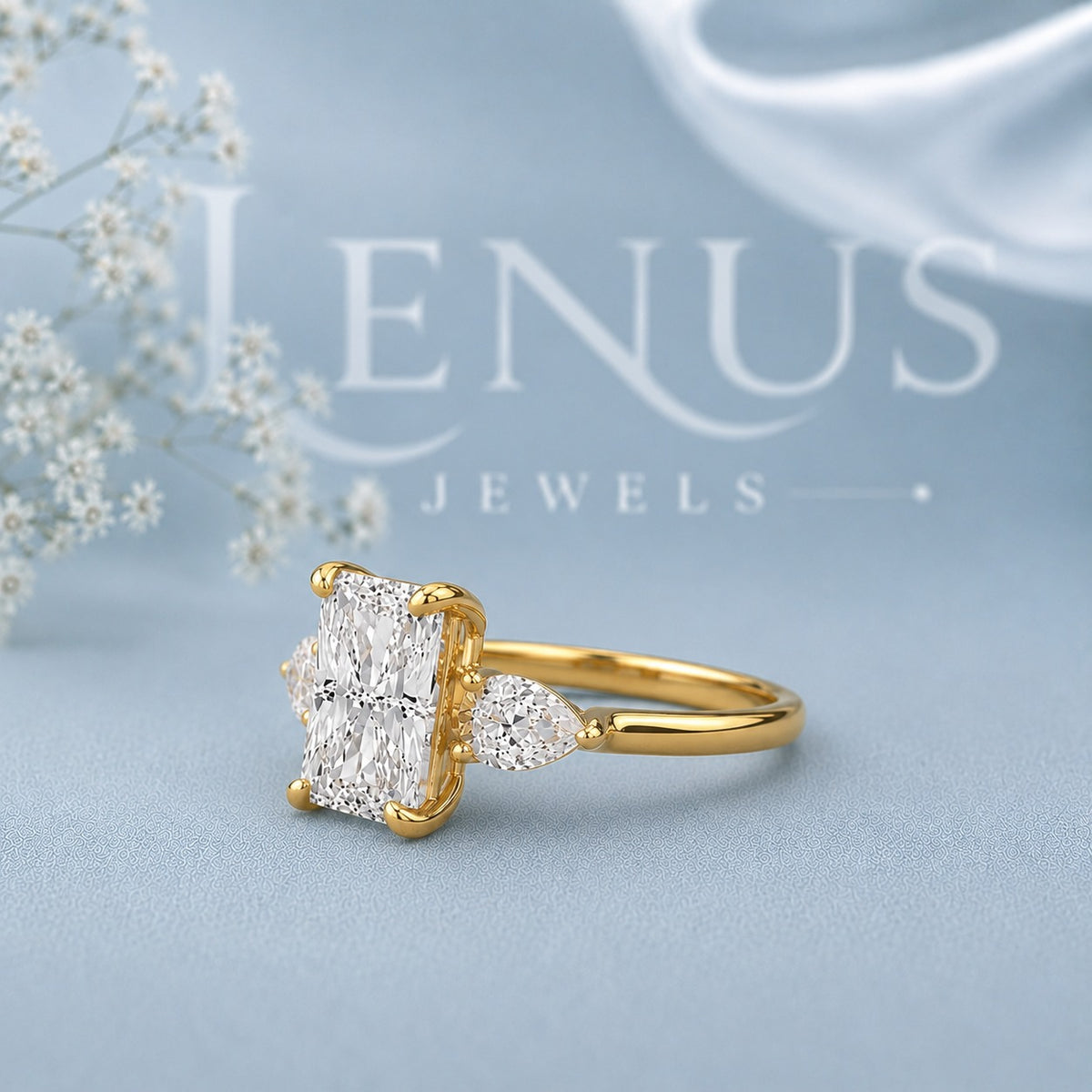 Radiant Three-Stone Moissanite Ring – Gold Pear Side Engagement Ring