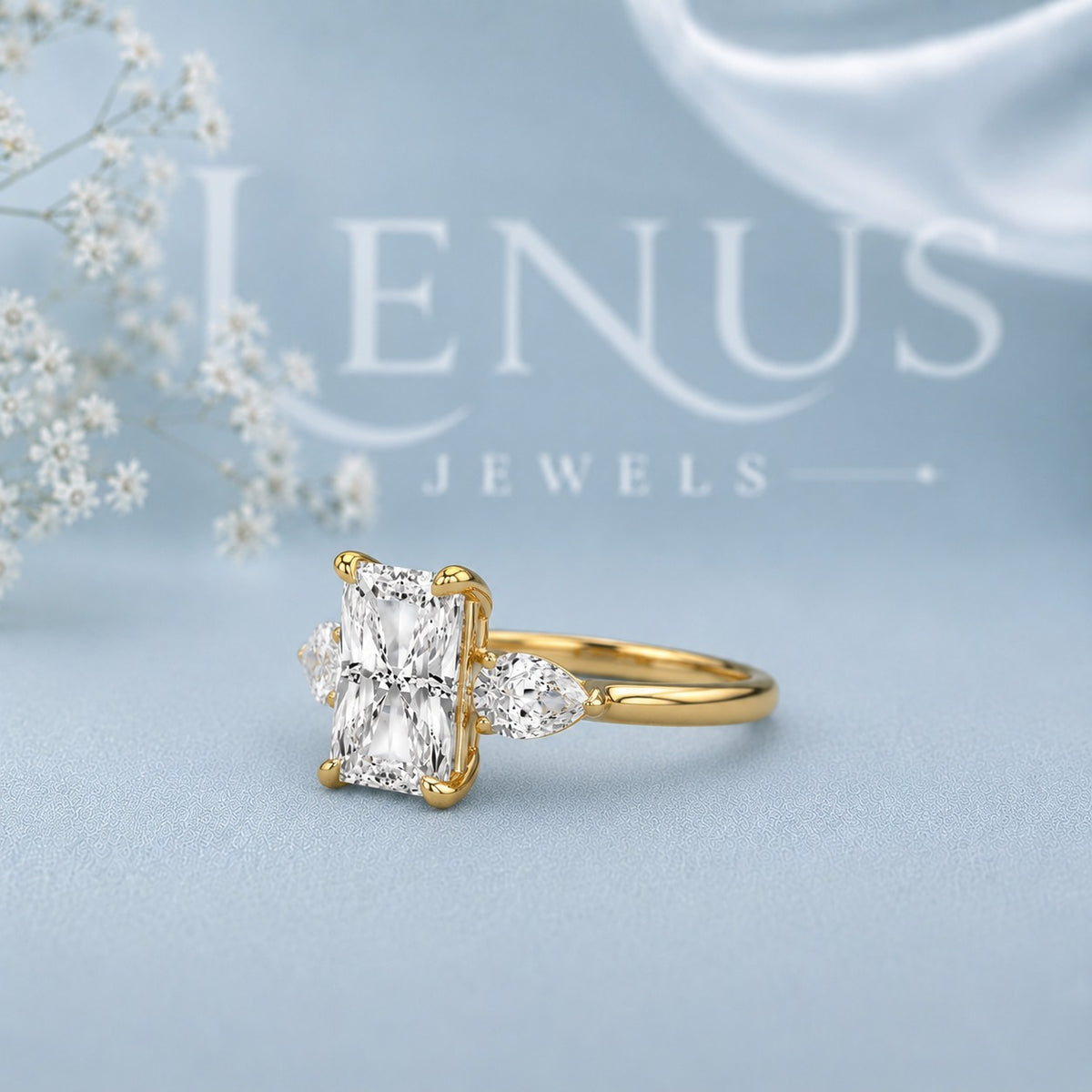 Radiant Three-Stone Moissanite Ring – Gold Pear Side Engagement Ring