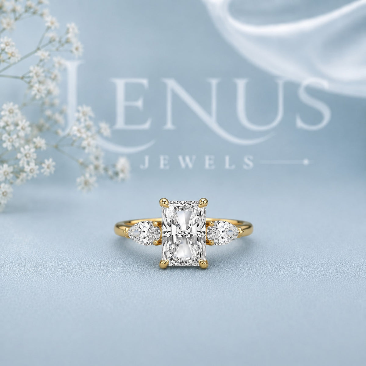 Radiant Three-Stone Moissanite Ring – Gold Pear Side Engagement Ring