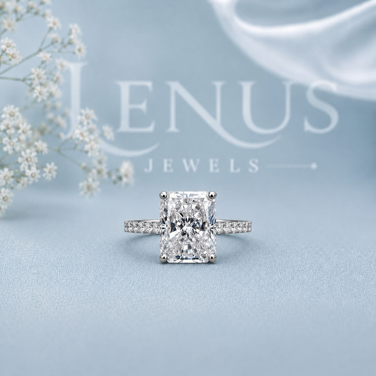 Radiant Cut Moissanite Engagement Ring – Pavé Band 925 Sterling Silver