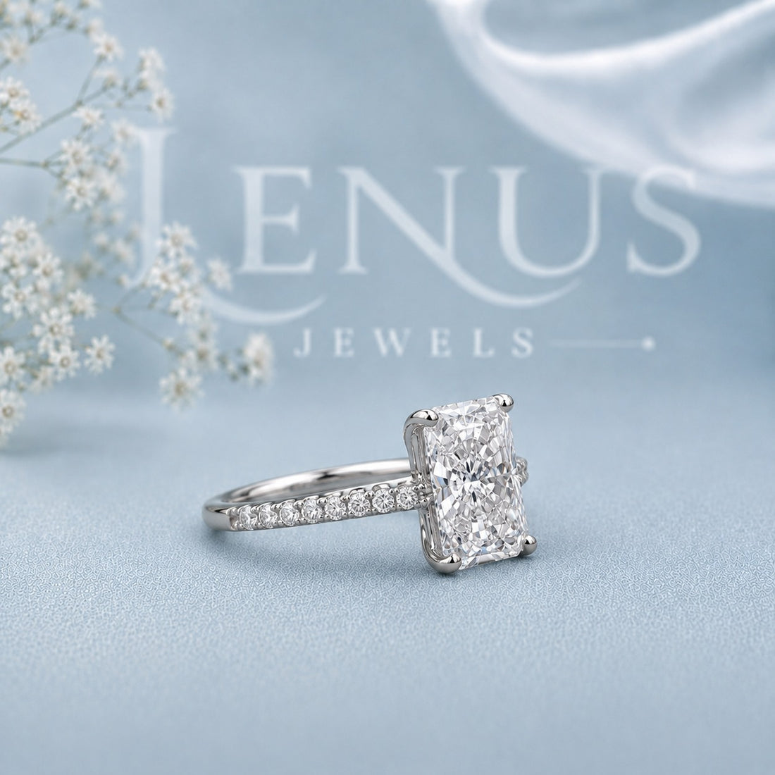 Radiant Cut Moissanite Engagement Ring – Pavé Band 925 Sterling Silver