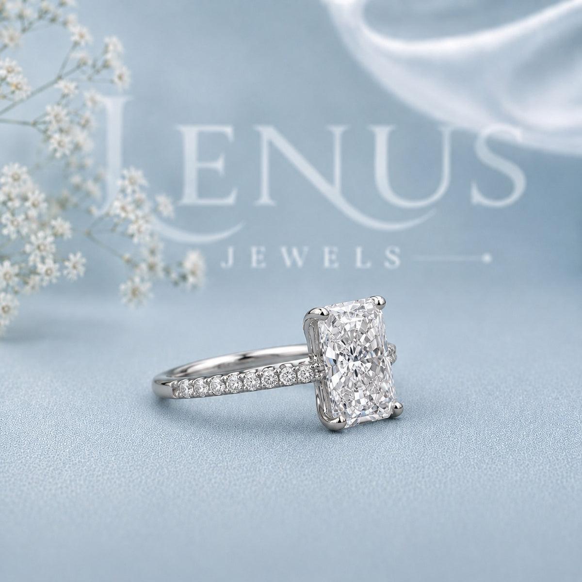 Radiant Cut Moissanite Engagement Ring – Pavé Band 925 Sterling Silver