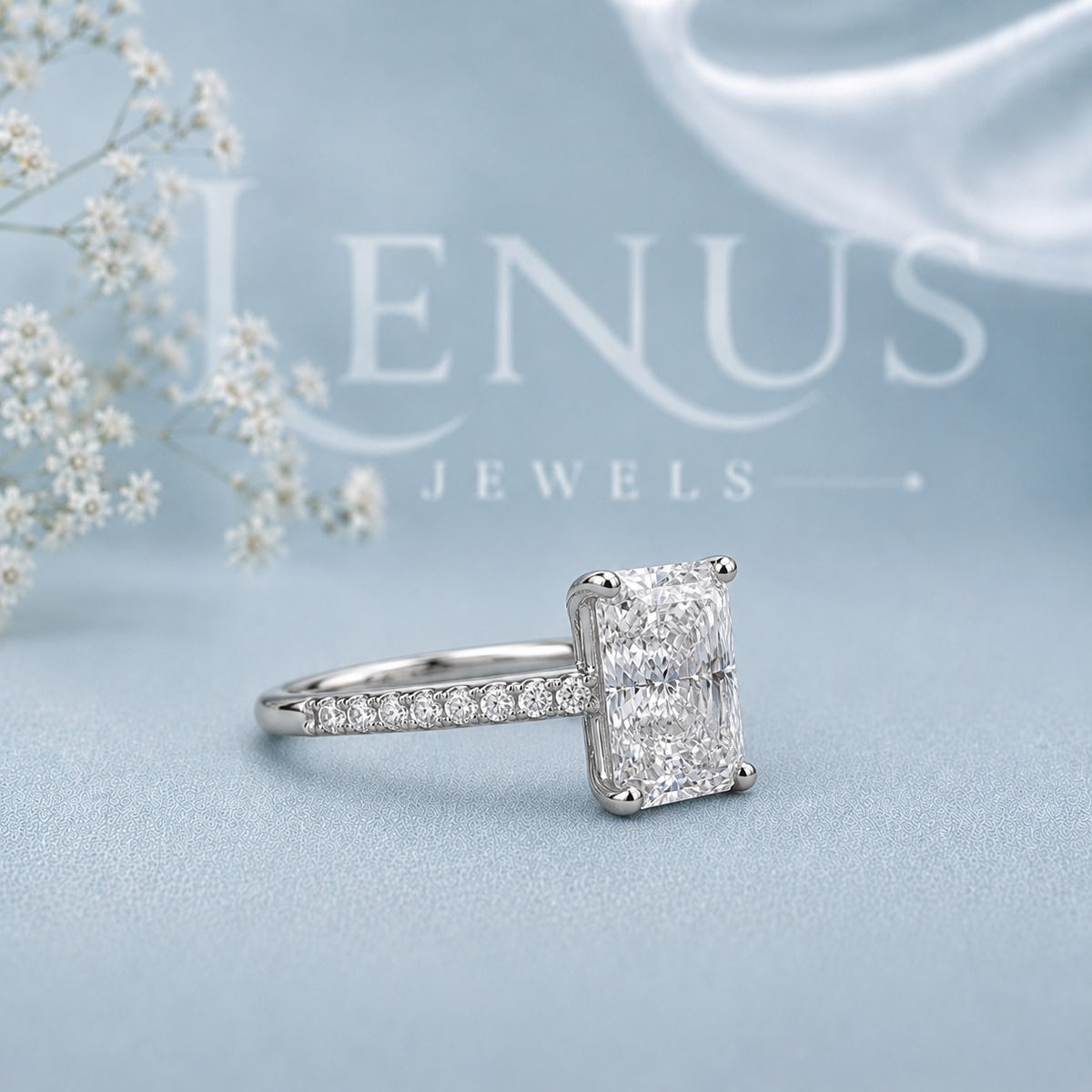 Radiant Cut Moissanite Engagement Ring – Pavé Band 925 Sterling Silver