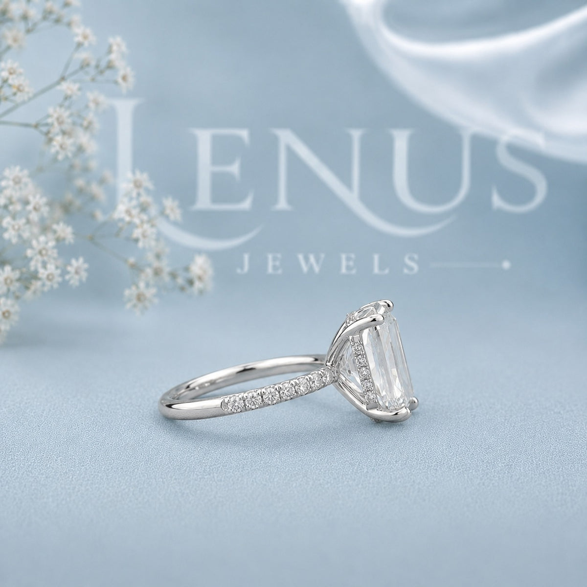 Radiant Cut Moissanite Engagement Ring – Pavé Band 925 Sterling Silver