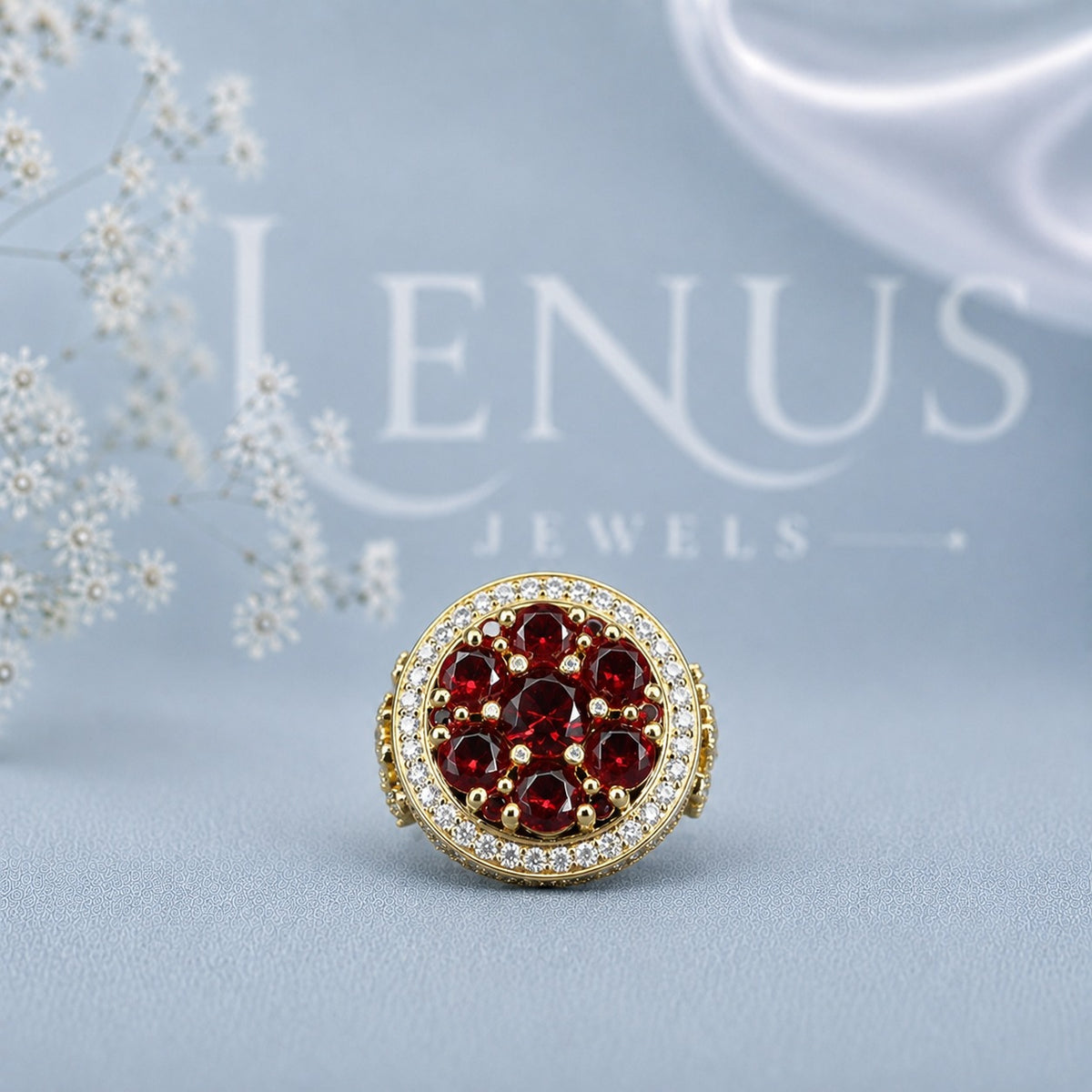 Red Moissanite Cluster Ring – 925 Sterling Silver Yellow Gold Iced Out Statement Ring