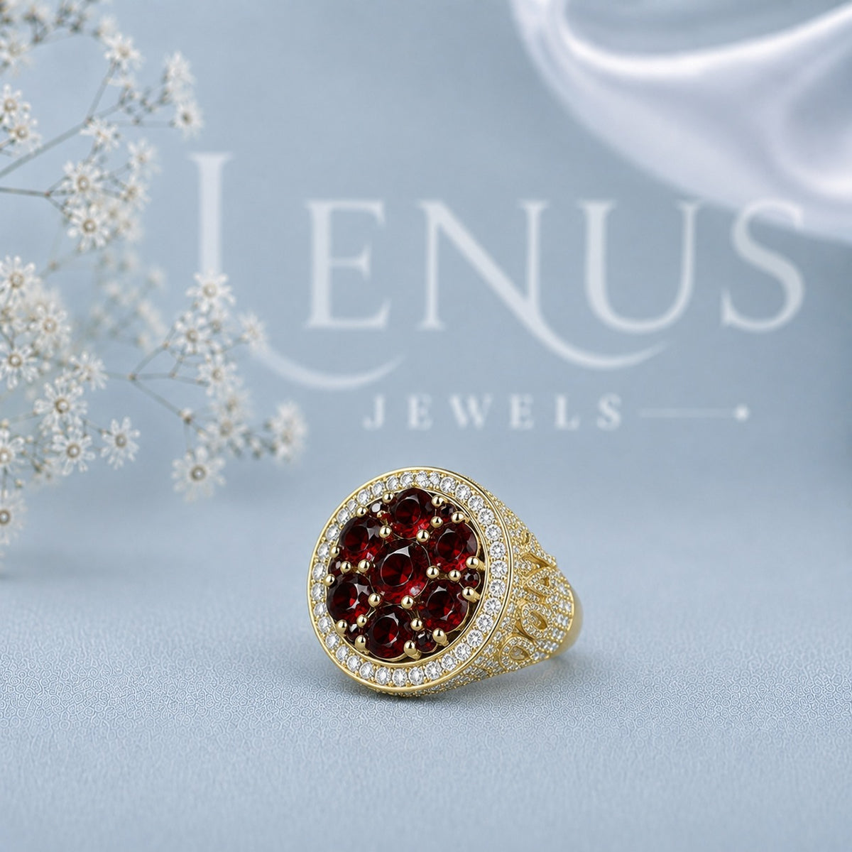 Red Moissanite Cluster Ring – 925 Sterling Silver Yellow Gold Iced Out Statement Ring