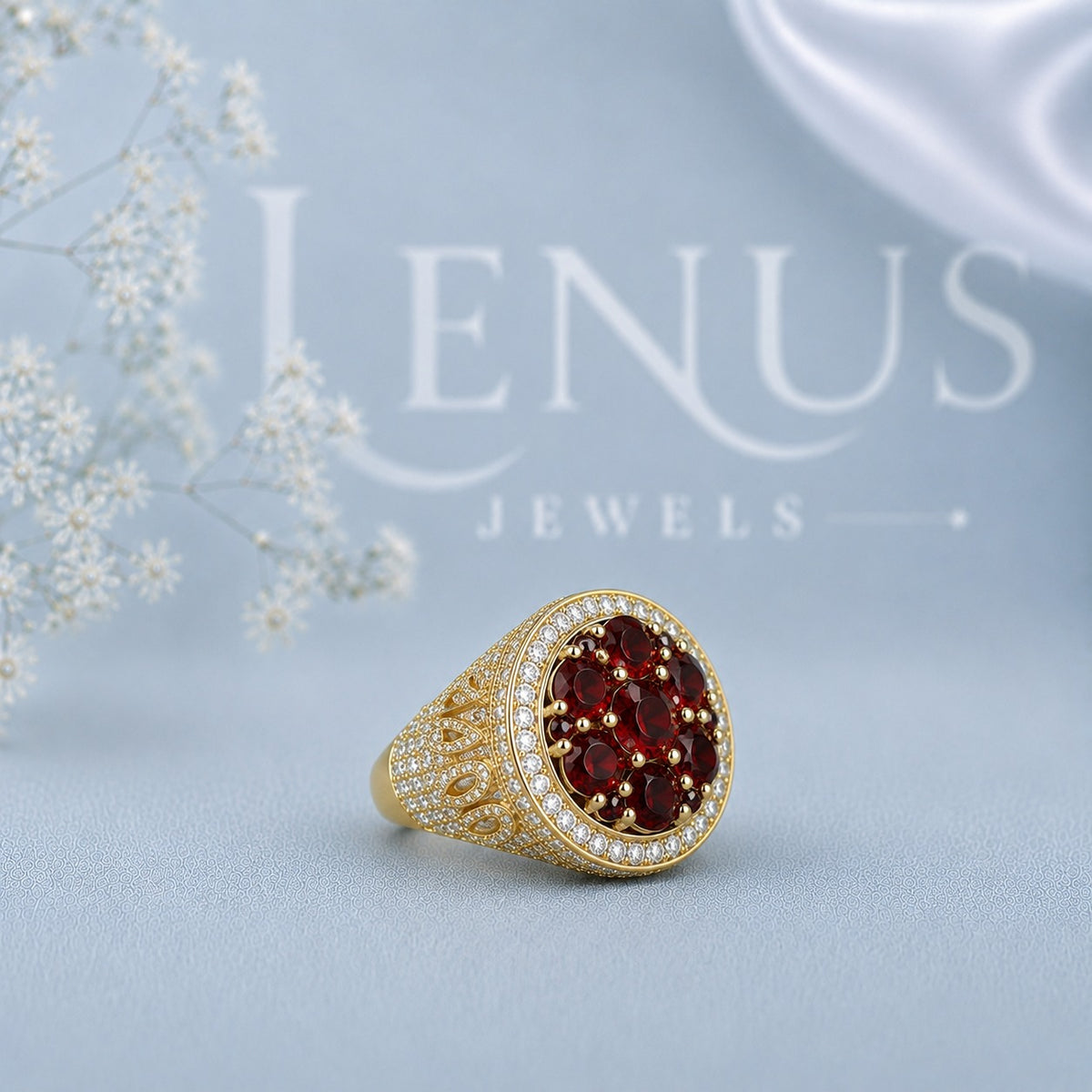 Red Moissanite Cluster Ring – 925 Sterling Silver Yellow Gold Iced Out Statement Ring